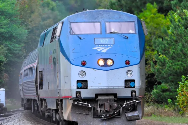An Amtrak passenger train rolls into the station at Williamsburg, Va.      Photo by BERRY CRAIG   