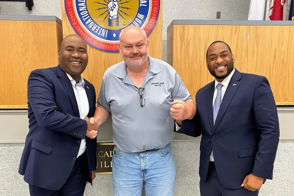 From left, Jaime Harrison, state AFL-CIO Secretary-Treasurer Jeff Wiggins and Charles Booker at the Local 369 hall.m