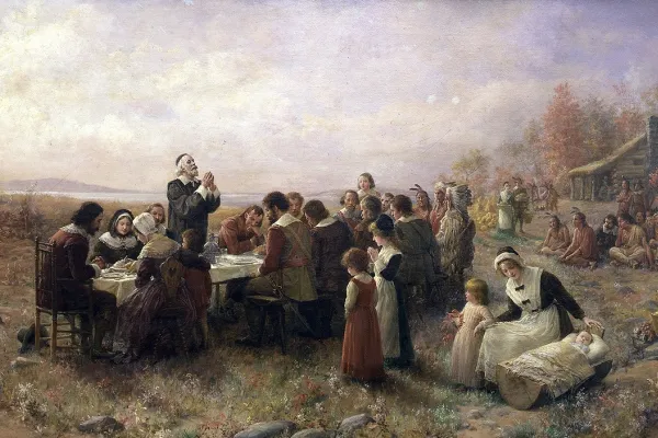 The First Thanksgiving at Plymouth (1914 painting by Jennie Augusta Brownscombe, on display in the Pilgrim Hall Museum, Plymouth, Massachusetts)