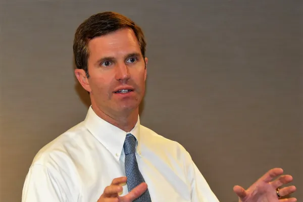 Beshear speaks to the state AFL-CIO Executive Board after he won the nomination in 2019. Photo by BERRY CRAIG   