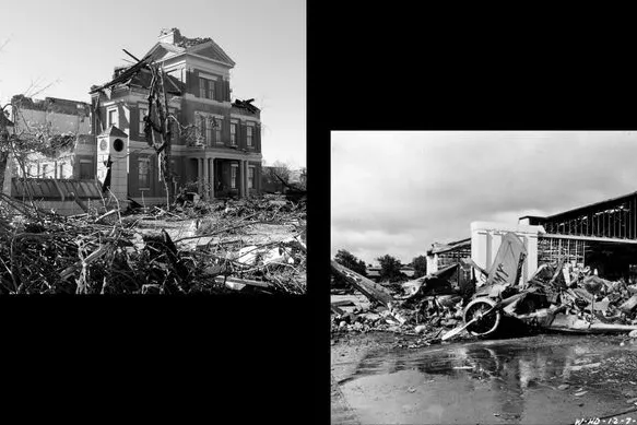 Tornado destruction in Mayfield (photo by Berry Craig); Japanese bombing destruction at Wheeler Army Airfield (photo from U.S. Naval History and Heritage Command [Public domain])