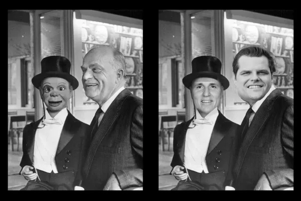 left) Charlie McCarthy and Edgar Bergen; (right) Kevin McCarthy and Matt Gaetz (McCarthy-Bergen photo [public domain] via Wikimedia Commons; faces in derived photo on the right taken from official photos [publc domain])