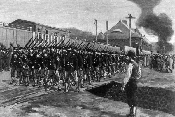 State troops arrive - Engraving from Wikipedia