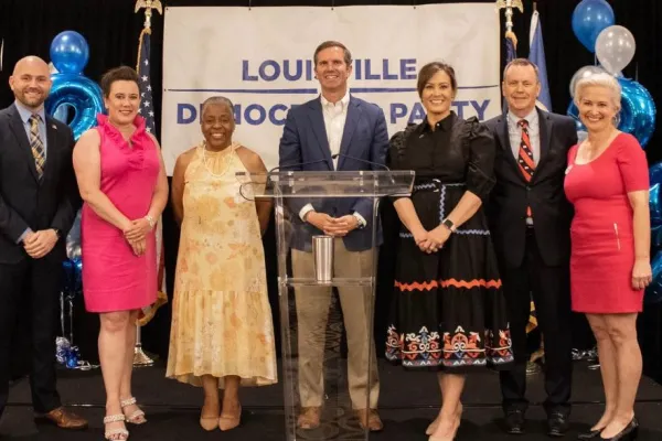 (from left) Michael Bowman; Sierra Enlow; Colonel Pam Stevenson; Governor Andy Beshear; Lieutenant Governor Jacqueline Coleman; Buddy Wheatley; Kimberly Reeder      Forward Kentucky photo