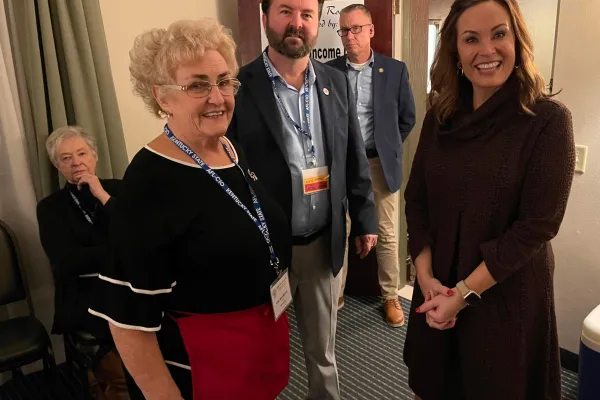From left in front, Lu Nell Busby, new state AFL-CIO President Dustin Reindstedler and Lt. Gov. Jacqueline Coleman. Photo by BERRY CRAIG