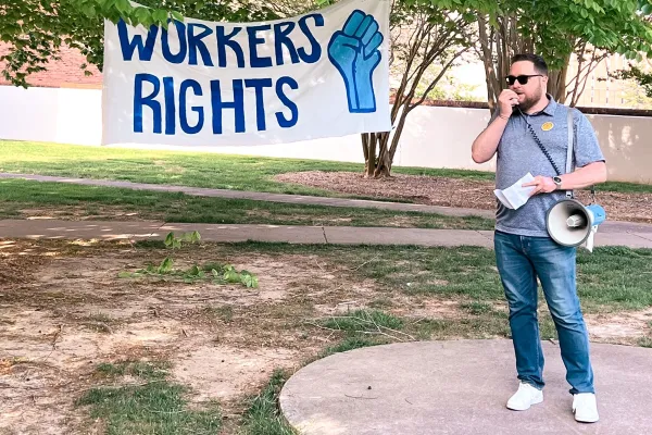 Shelly Baskin speaks at at the 2022 College Democrats' May Day Workers Rights rally on the campus of Murray State University. Photo by ROBYN PIZZOprovided.