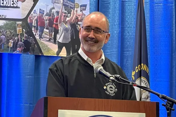 Shawn Fain speaking at last December's Kentucky State AFL-CIO convention.      Photo by BERRY CRAIG