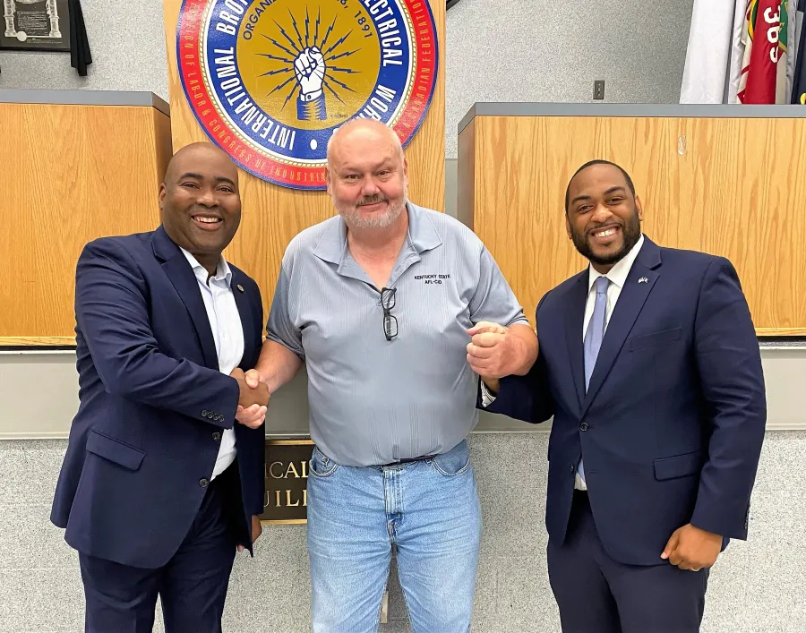 From left, Jaime Harrison, state AFL-CIO Secretary-Treasurer Jeff Wiggins and Charles Booker at the Local 369 hall.m