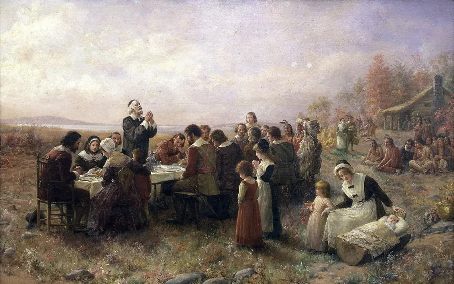 The First Thanksgiving at Plymouth (1914 painting by Jennie Augusta Brownscombe, on display in the Pilgrim Hall Museum, Plymouth, Massachusetts)