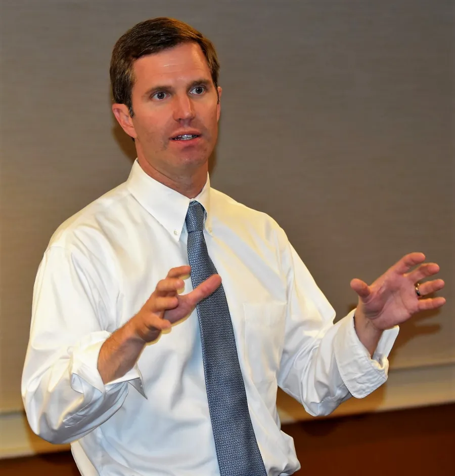 Beshear speaks to the state AFL-CIO Executive Board after he won the nomination in 2019. Photo by BERRY CRAIG   